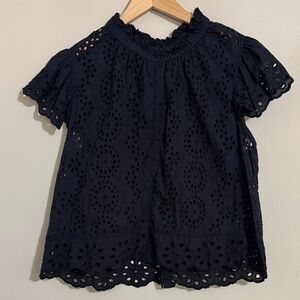 Jennifer & Grace Black Cotton Eyelet Cap Sleeve Women's Top size L Coquette